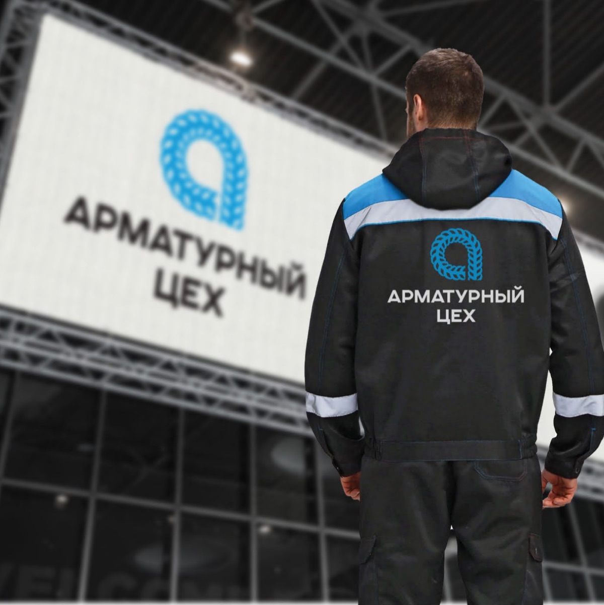 Сотрудник Арматурного цеха на фоне вывески компании